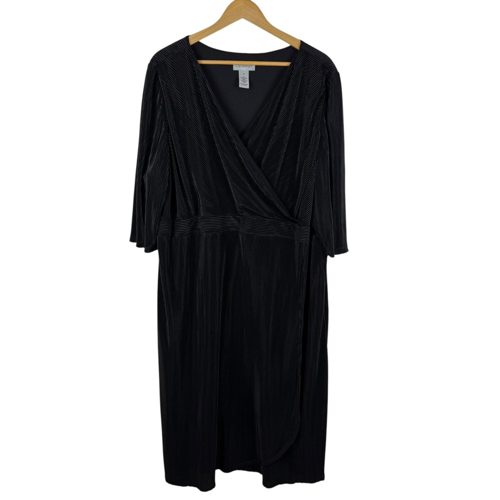 Catherines Black Pleated Midi Dress Size 3X Formal Career Party Minimalist‎ Wrap